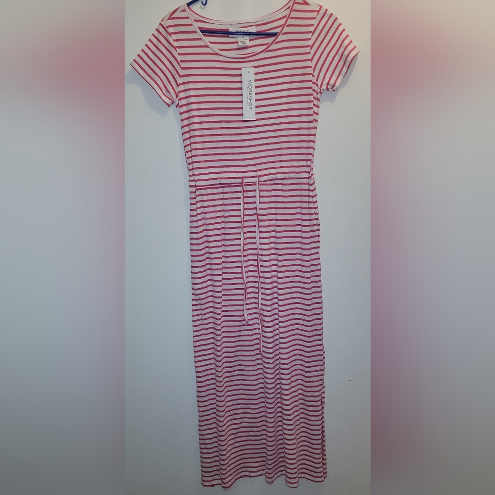 SMALL hot pink & white stripe 100% organic cotton dress, NEW with tags attached